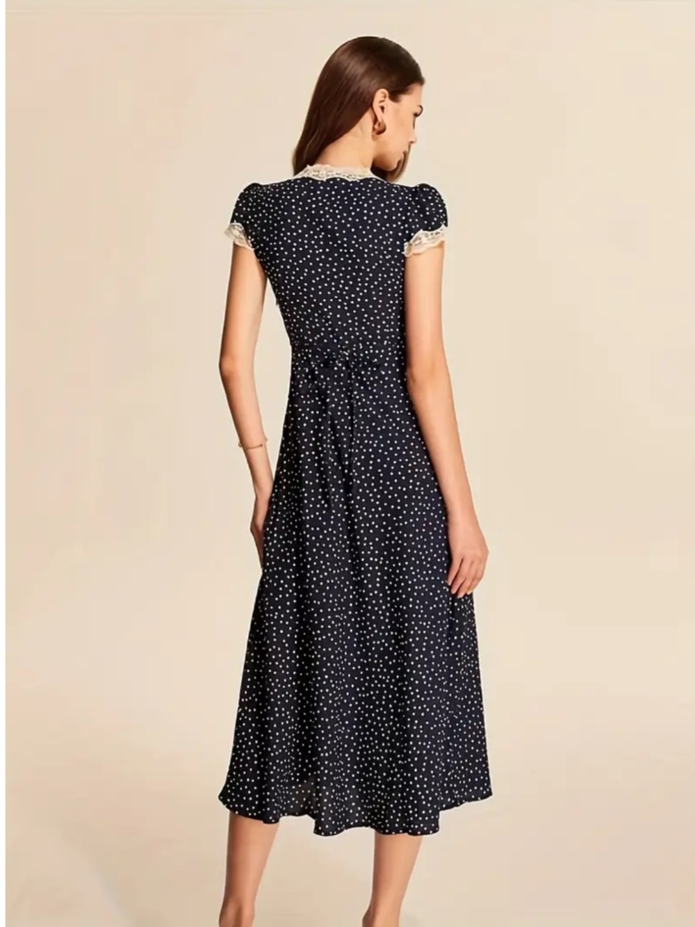 NWT Commense Polka Dot Lace Trim V-Neck Short Sleeve Sheath Dress Navy Medium - Picture 3 of 11